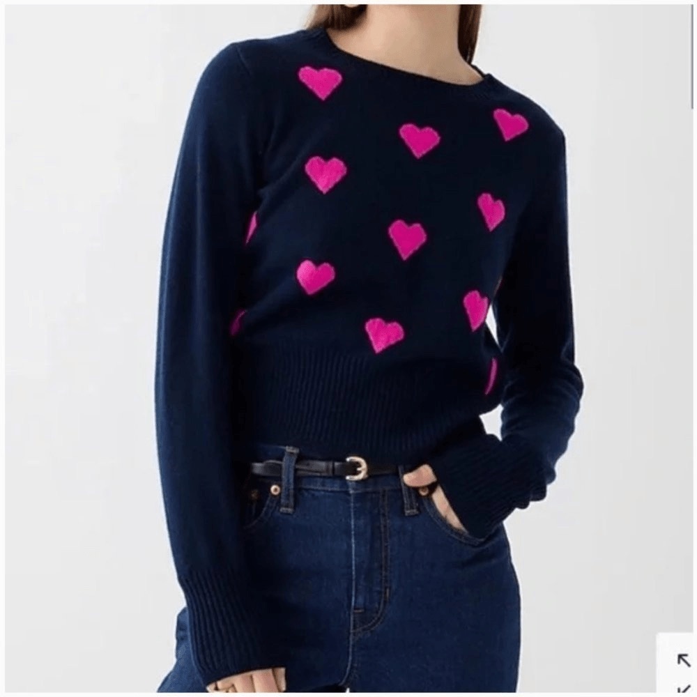 J Crew Cropped cashmere crew sweater in heart print navy blue medium valentines